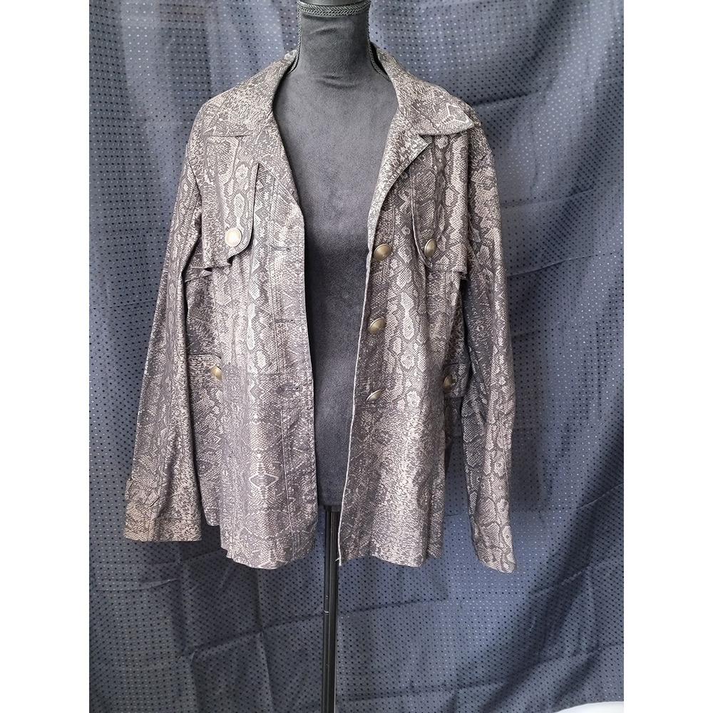 Multiples Womens Grey Snakeskin Print Button Front Utility Jacket Metallic 1X